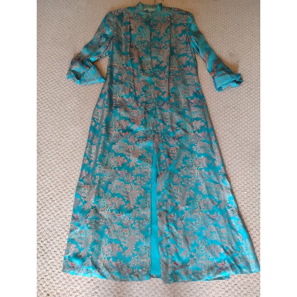 Peony Brand Shanghai China Robe Kimono Womens 40 Embroidered Floral Blue Silk